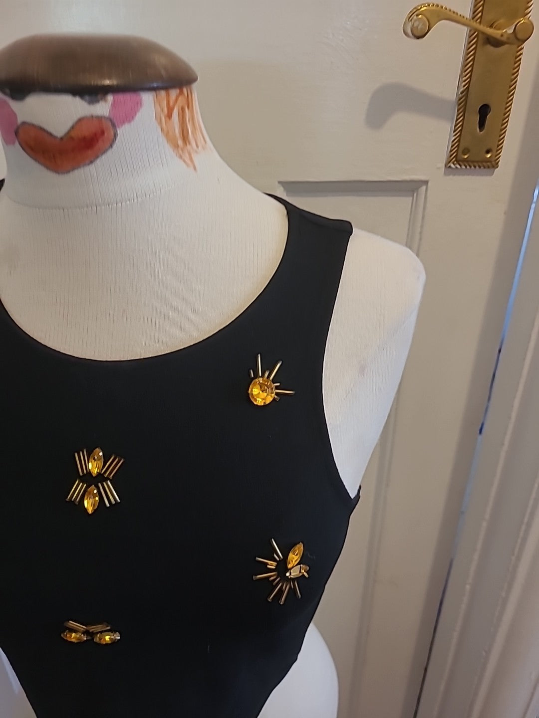 Ladies H+M Small Black Orange Diamonte Sleeveless Tshirt