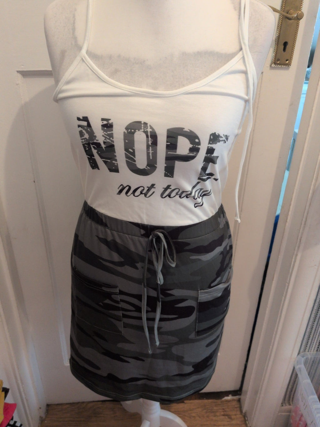 Chicme Medium Green Camo And White "Nope Not Today" Sleeveless Dress