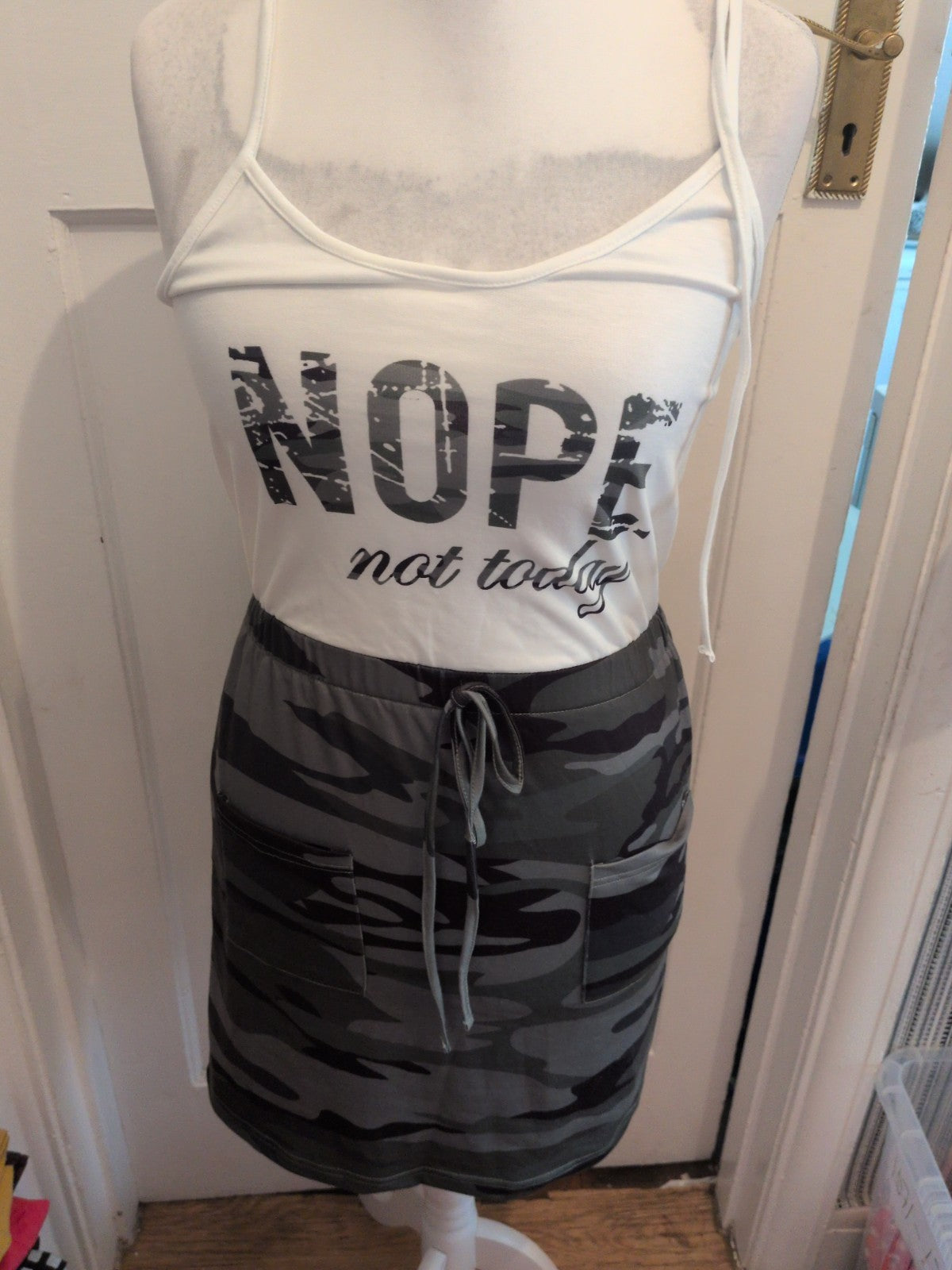 Chicme Medium Green Camo And White "Nope Not Today" Sleeveless Dress