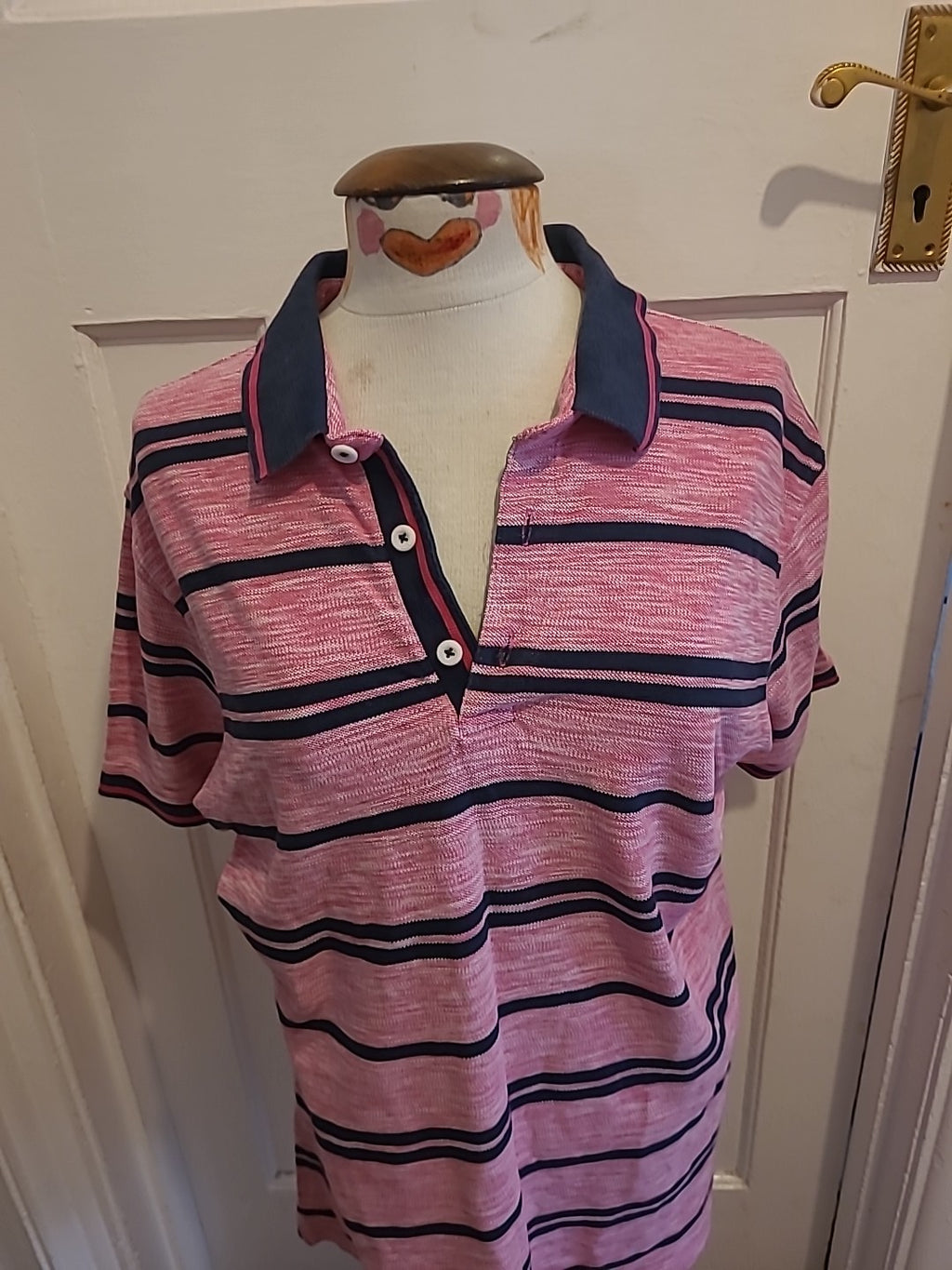 Mens Blue Harbour Size Large Pink/Navy Striped Short Sleeved Polo