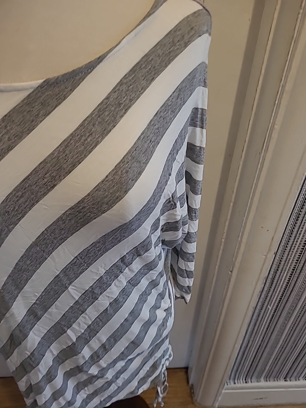 Ladies Large Grey And White Striped Mid Sleeved Blouse
