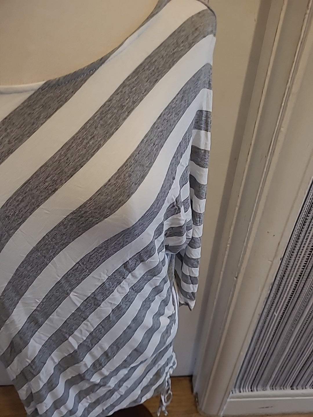 Ladies Large Grey And White Striped Mid Sleeved Blouse