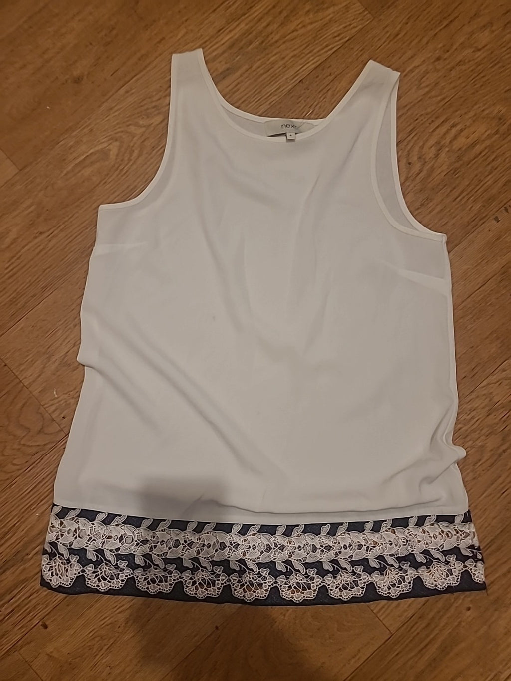 Ladies Next Size 8 White With Blue Embroidery Hem Sleeveless Blouse