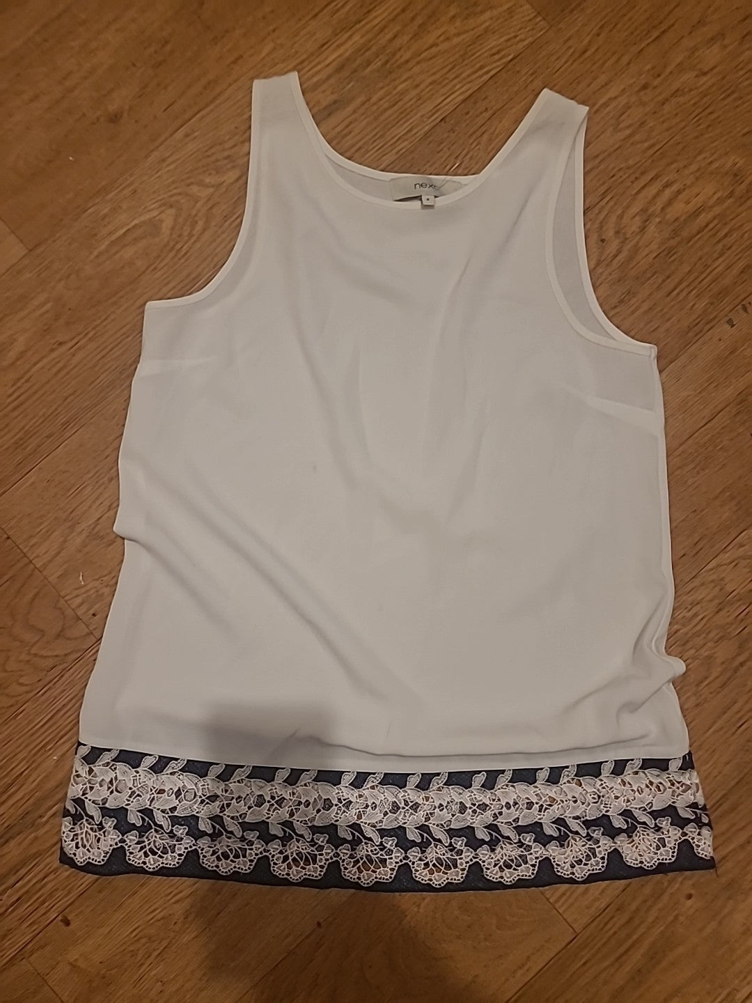 Ladies Next Size 8 White With Blue Embroidery Hem Sleeveless Blouse