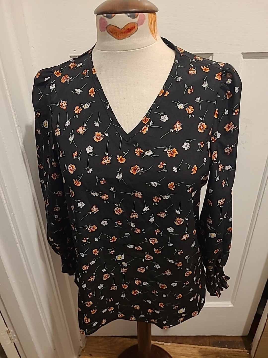 Ladies Size Small Black Floral Long Sleeve Blouse