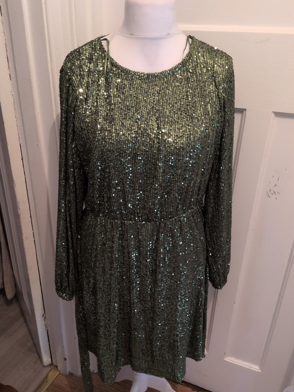 George 14 Green Sequin Covered Lined Long Sleeve Dress
