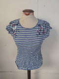 Ladies Bonmarche Size 10 Blue Stripe With Flower Short Sleeve T-shirt