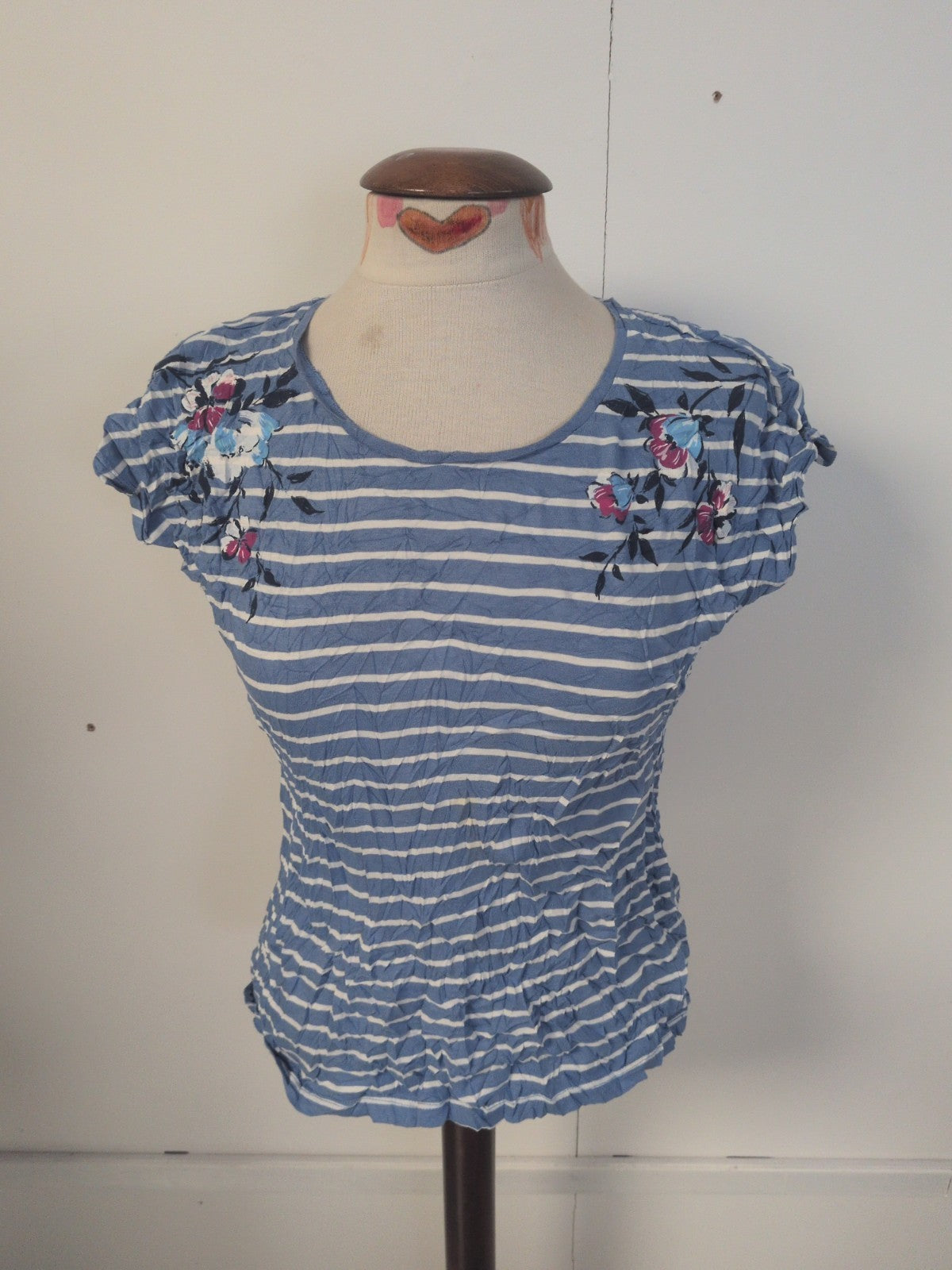 Ladies Bonmarche Size 10 Blue Stripe With Flower Short Sleeve T-shirt