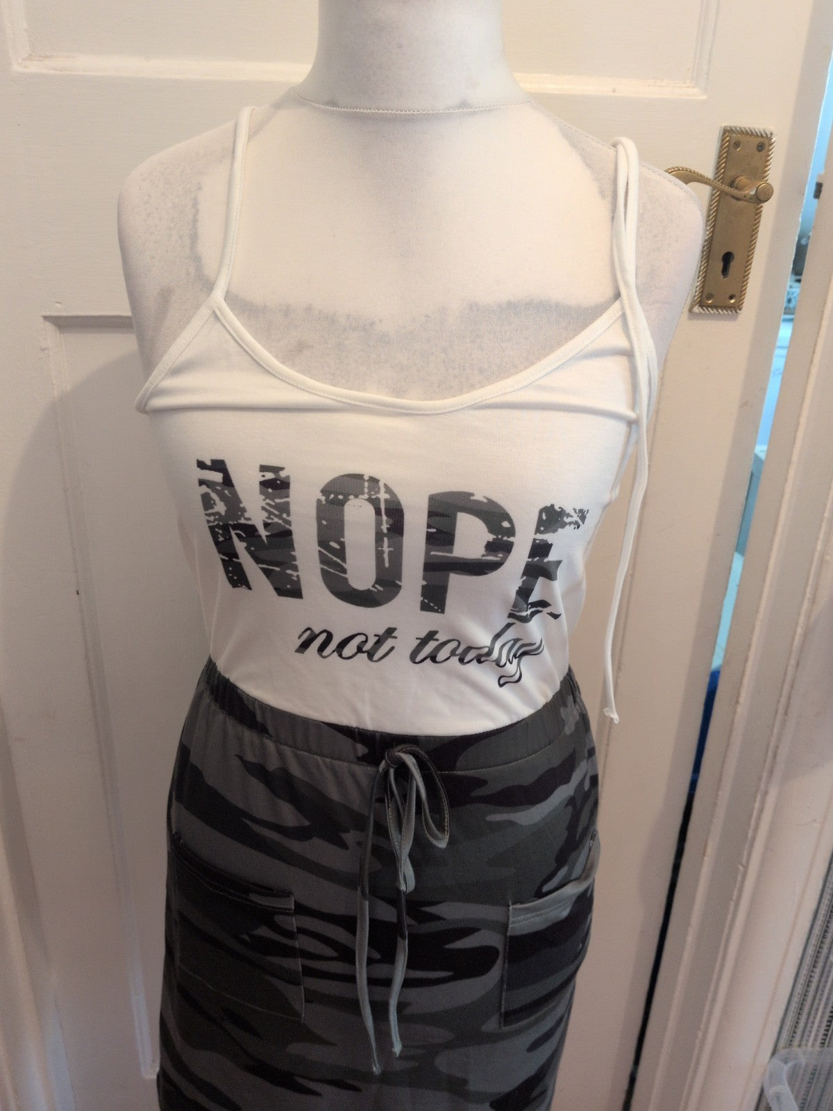 Chicme Medium Green Camo And White "Nope Not Today" Sleeveless Dress