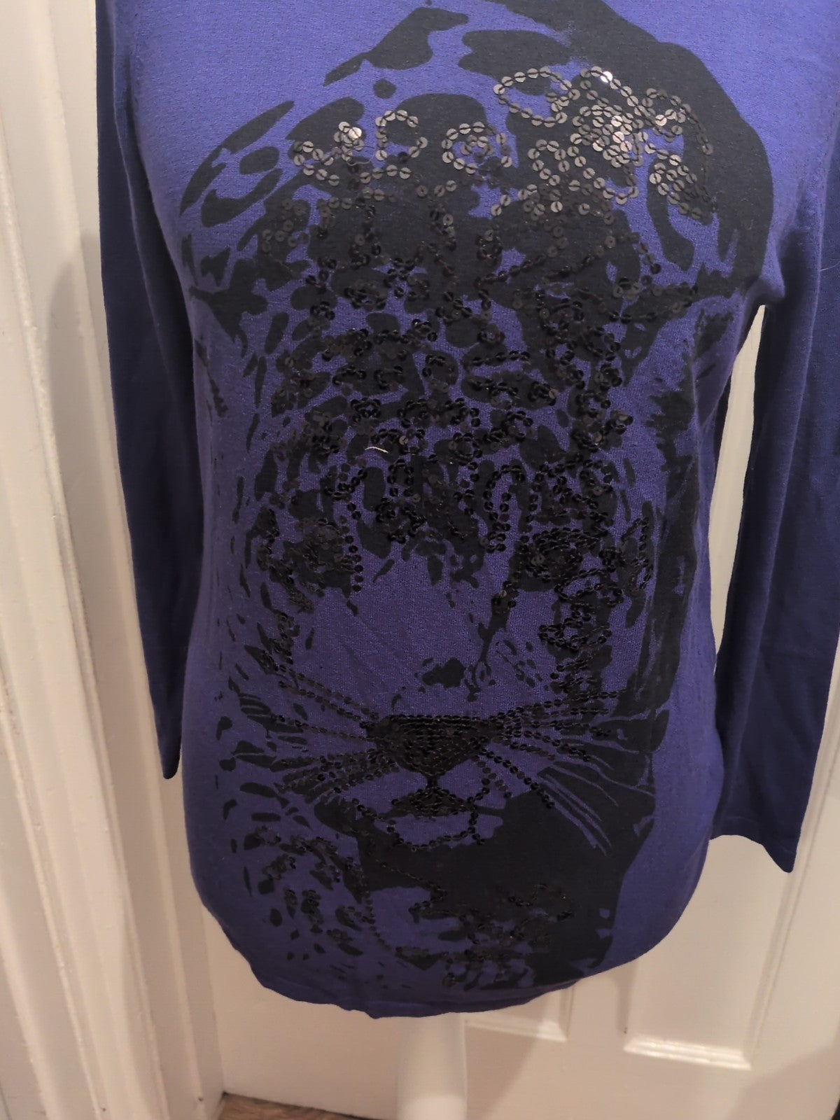Large Blue And Black Sequin Long Sleeve Blouse Lightweight Jumper