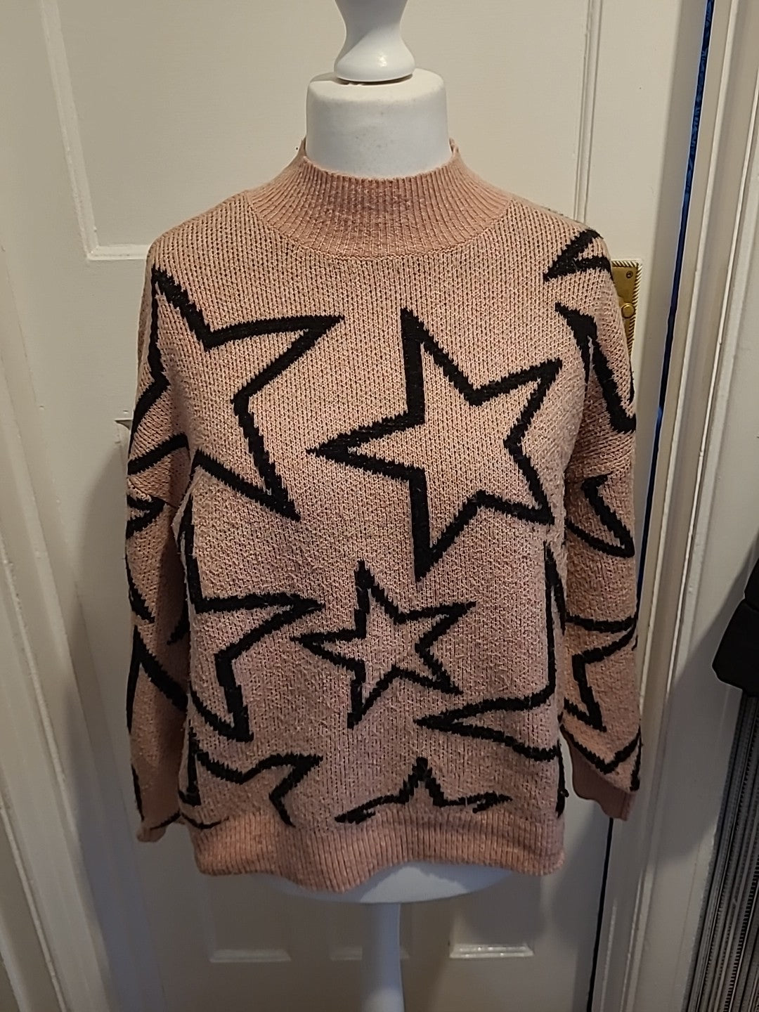 Ladies George Size 12-14 Pink And Black Star High Neck Jumper