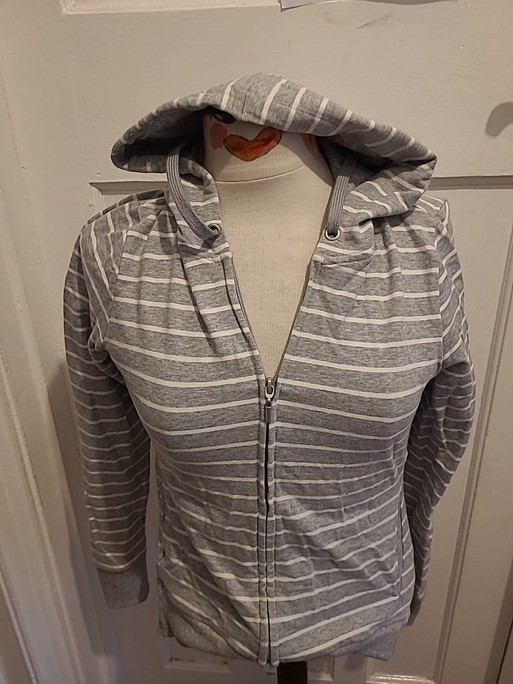 Ladies Marks And Spencer Size 8 Grey White Striped Hoodie