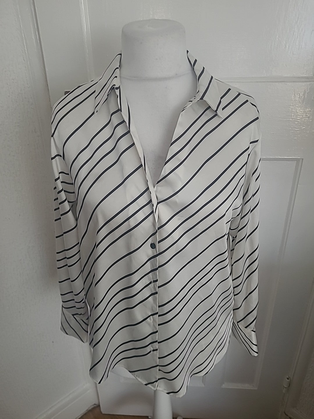 F&F 8 Diagonally Striped Blouse Long Sleeved Buttoned