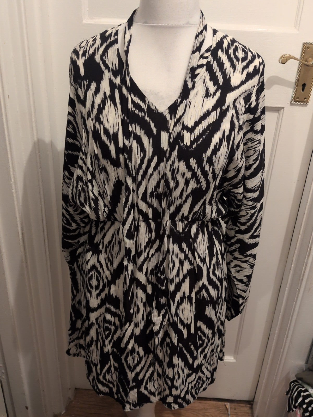 TU 12 Black And Ivory Streak Fit And Flare Dress Midi Long Sleeve
