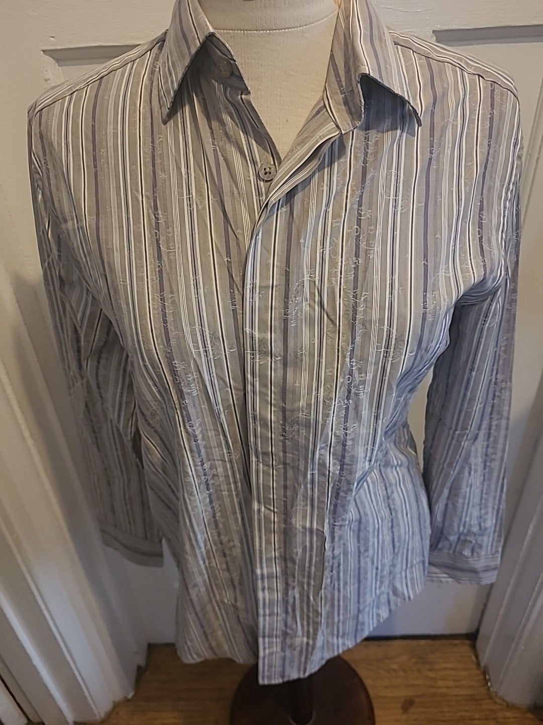 Mens John Rocha Size Small Grey Blue Detailed Striped Long Sleeved Shirt