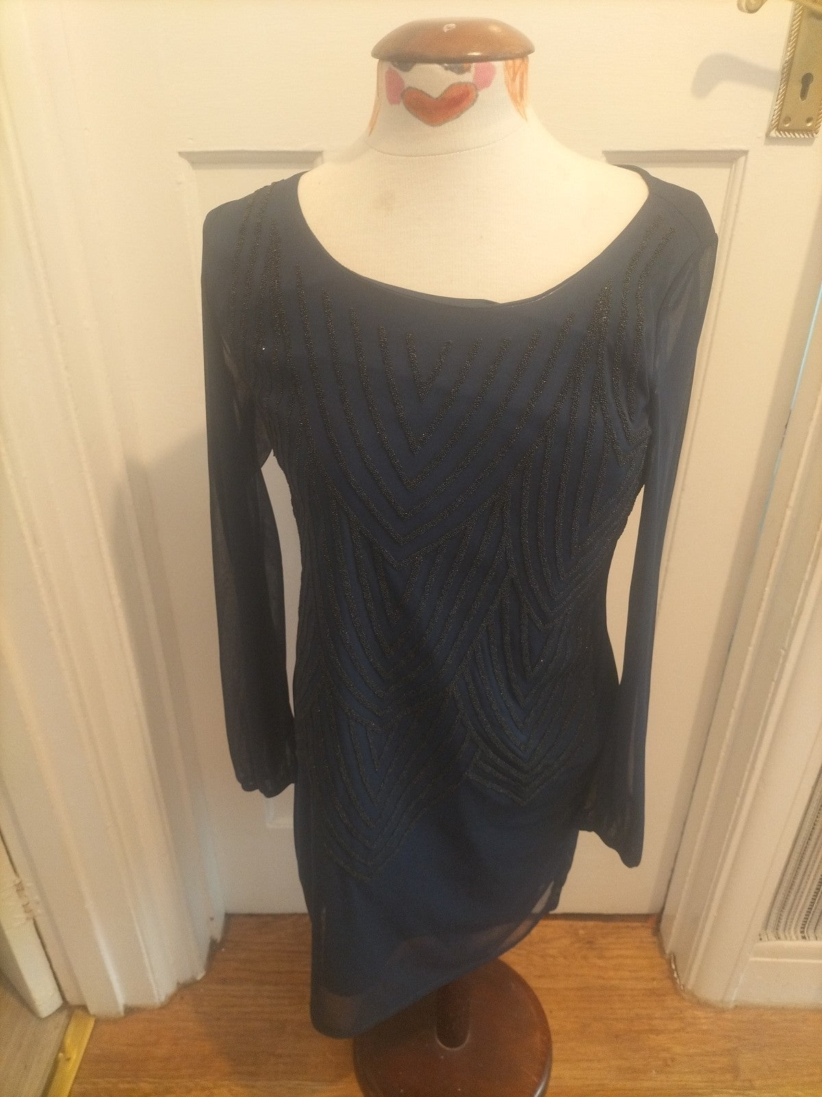 Ladies Bhs Size 10 Navy Long Sleeved Detailed Chest Dress