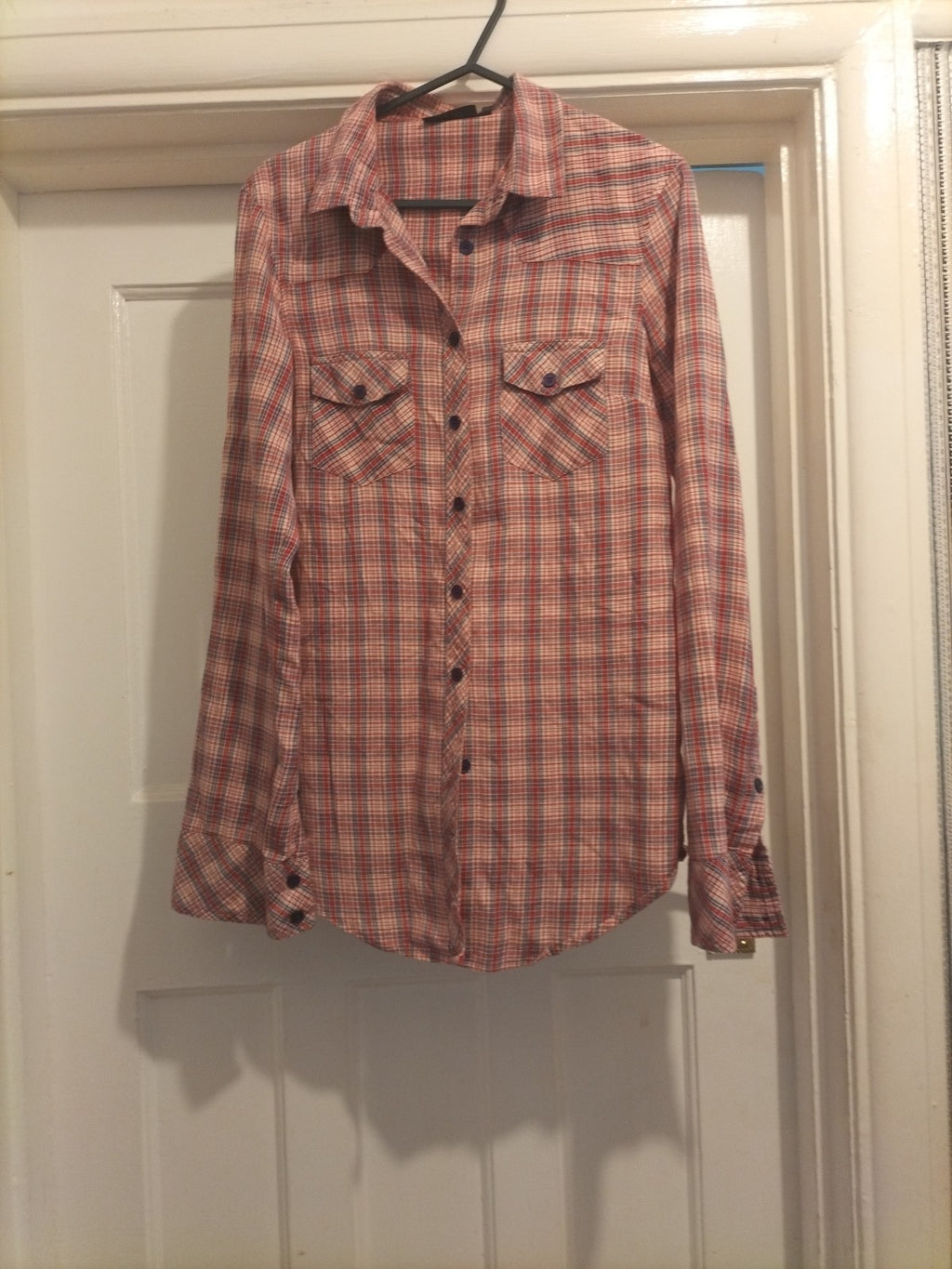 Ladies Topshop Size 8 Purple Red Check Long Sleeved Blouse