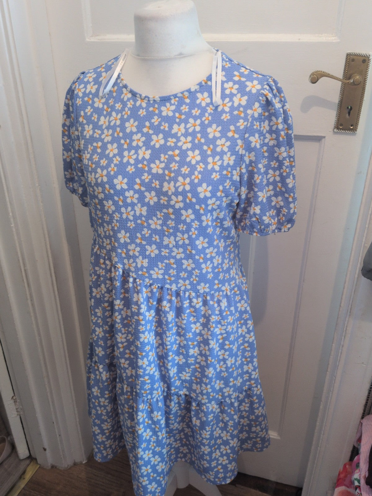 Primark 12/14 Blue And White Daisy Flower Fit And Flare Dress Short Sleeve