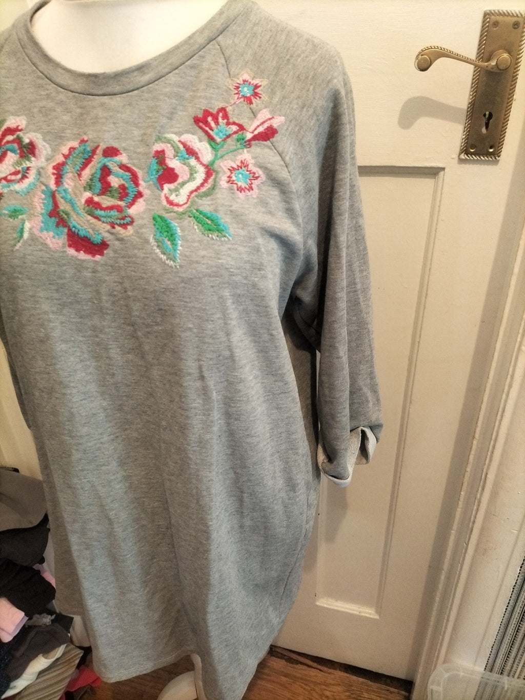 Ladies Tu Size 18 Grey Floral Embroidery Long Sleeved Jumper Dress