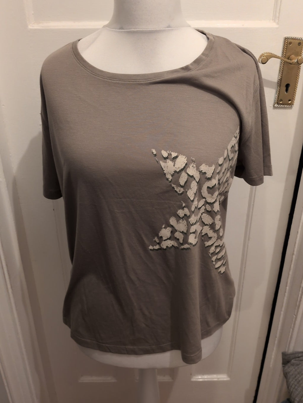 M&S Collection 14 Khaki Green White Pattern Short Sleeve Blouse