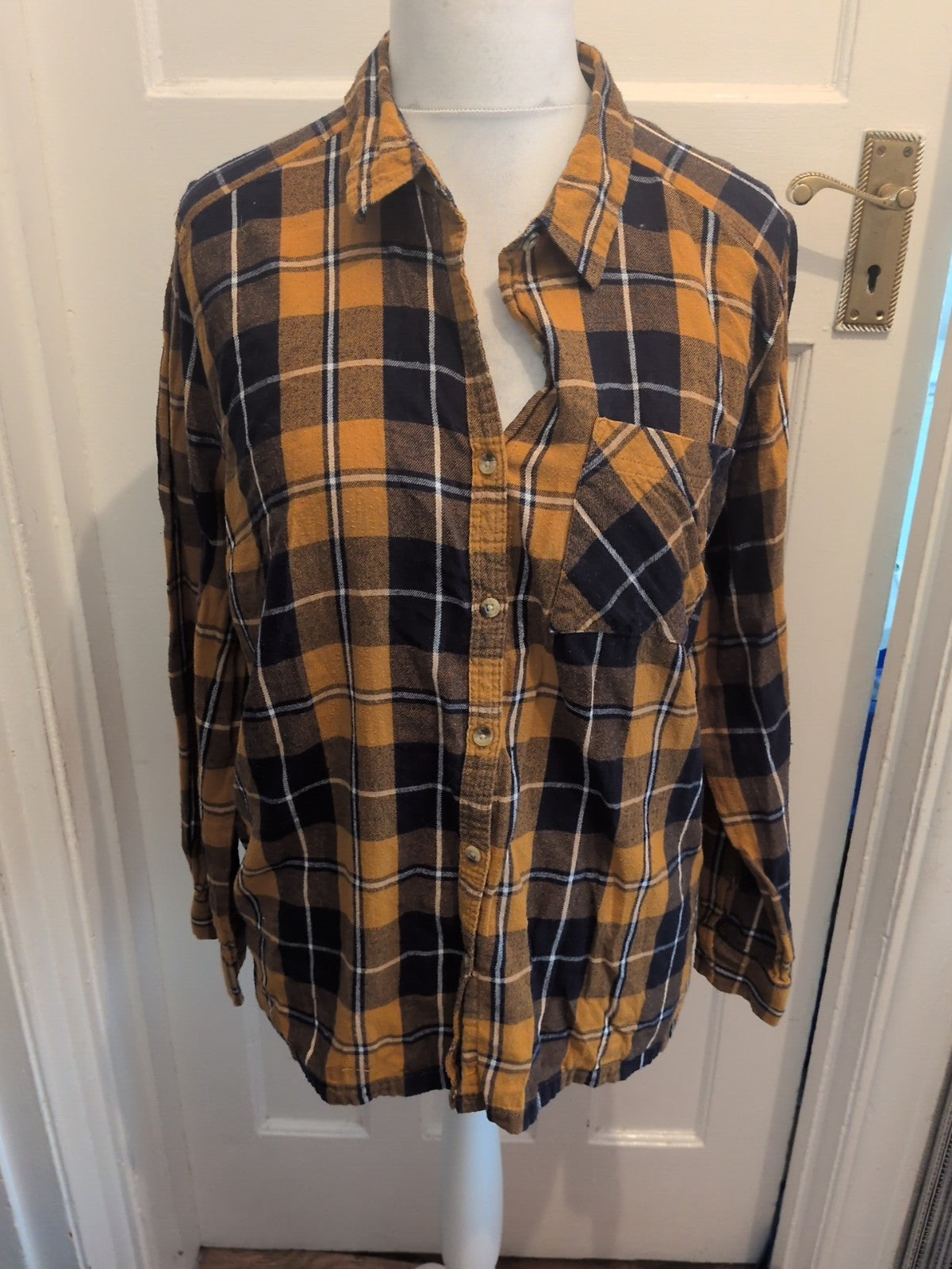 Primark 20 Orange Navy Check Long Sleeve Shirt