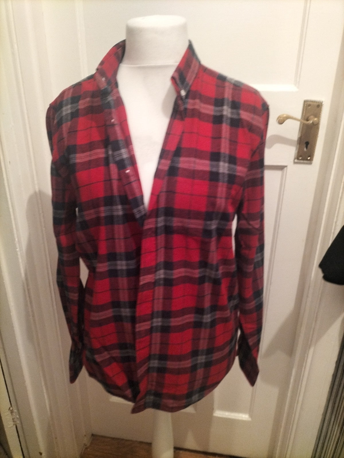 Mens Peacocks Size L Regular Fit Red/Burgundy Check Long Sleeved Shirt