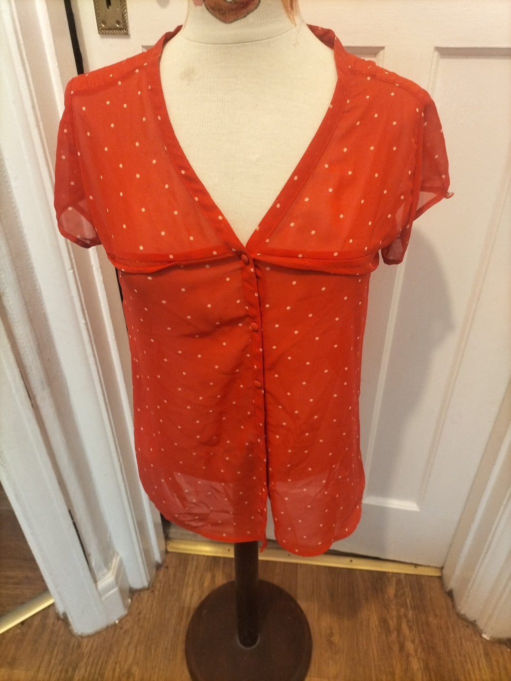 Ladies Zara Size Small Red/White Spotty See Through Short Sleeved Blouse