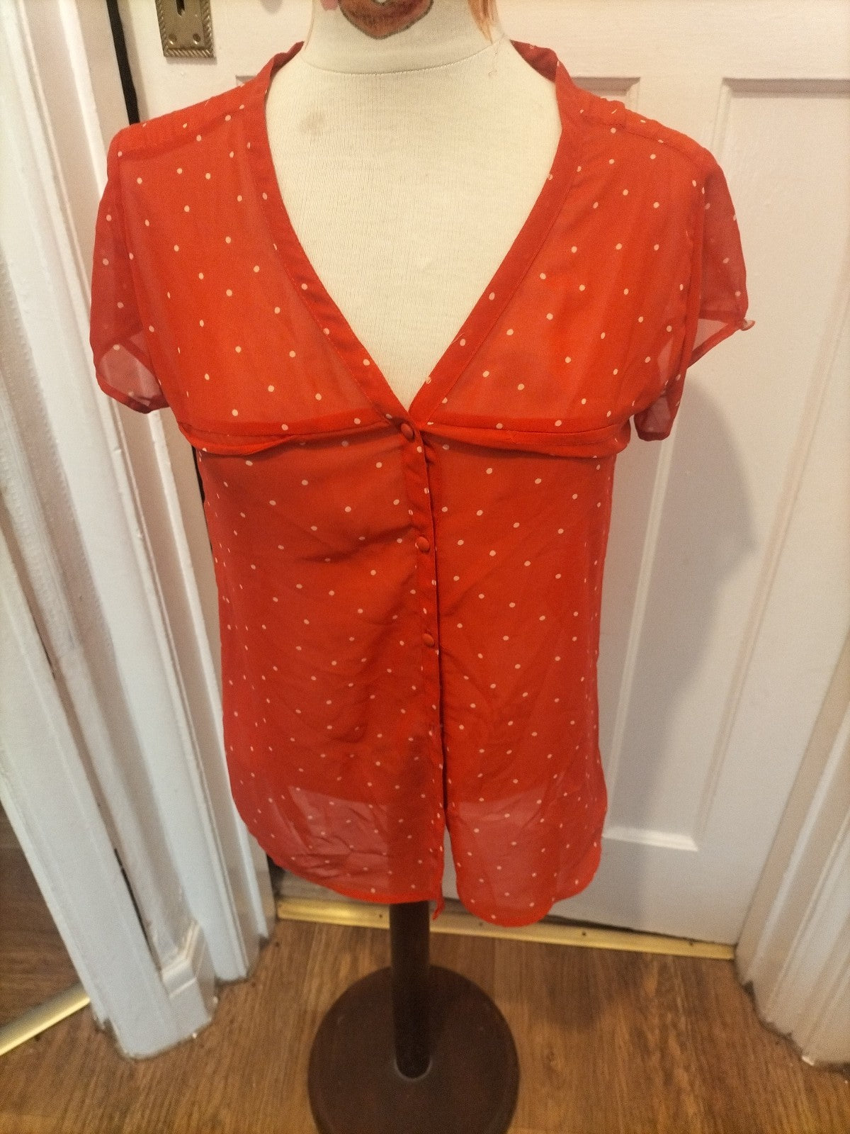 Ladies Zara Size Small Red/White Spotty See Through Short Sleeved Blouse
