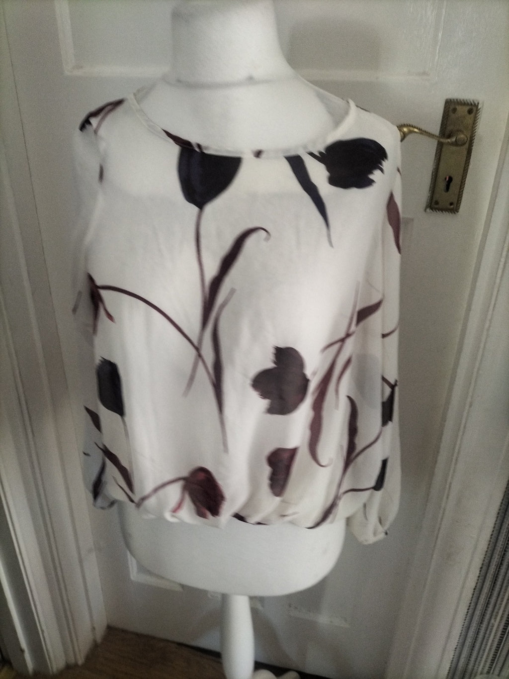 Ladies Next Size 10 Burgundy And White Long Sleeve Blouse Floral