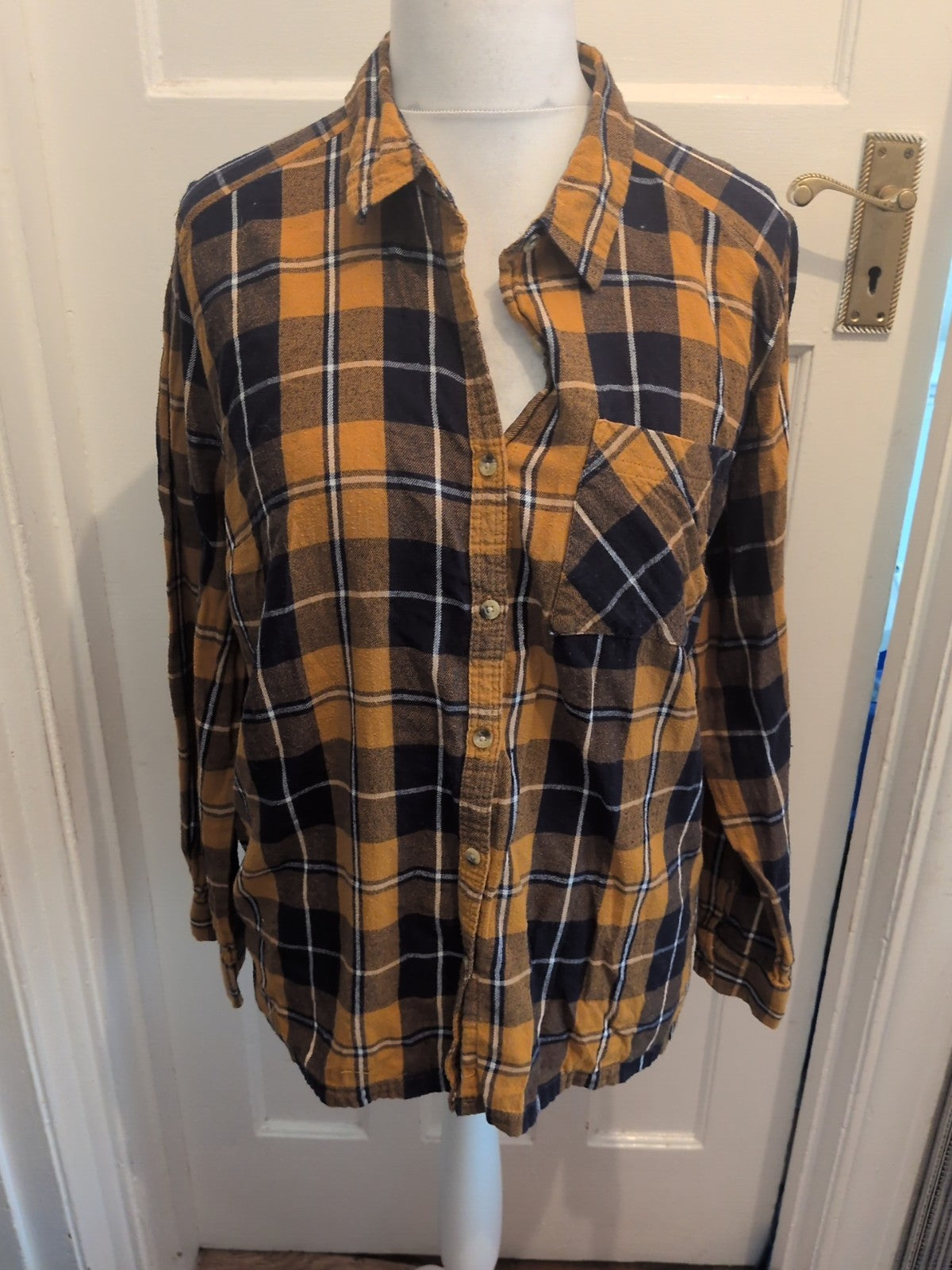 Primark 20 Orange Navy Check Long Sleeve Shirt