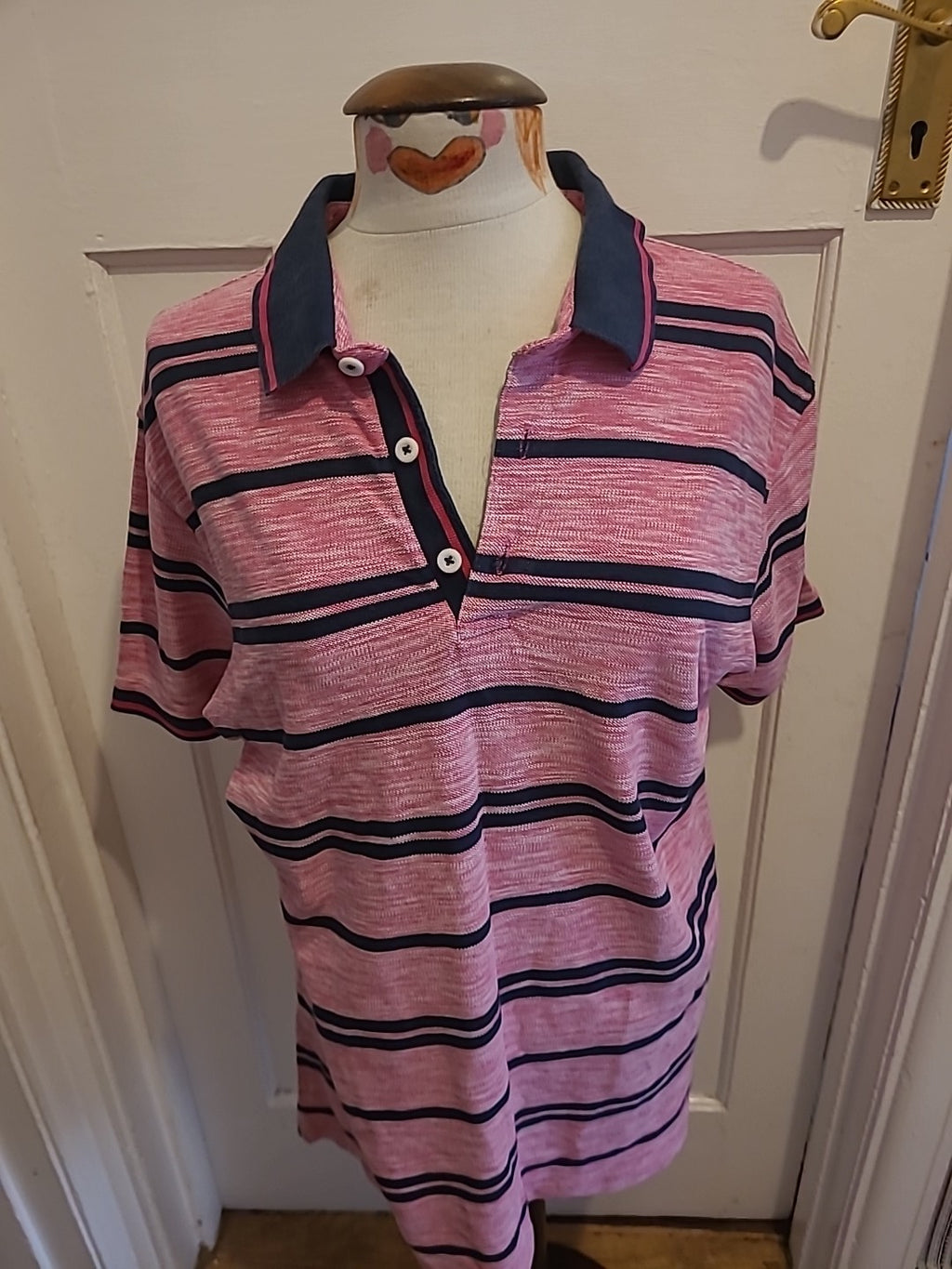 Mens Blue Harbour Size Large Pink/Navy Striped Short Sleeved Polo