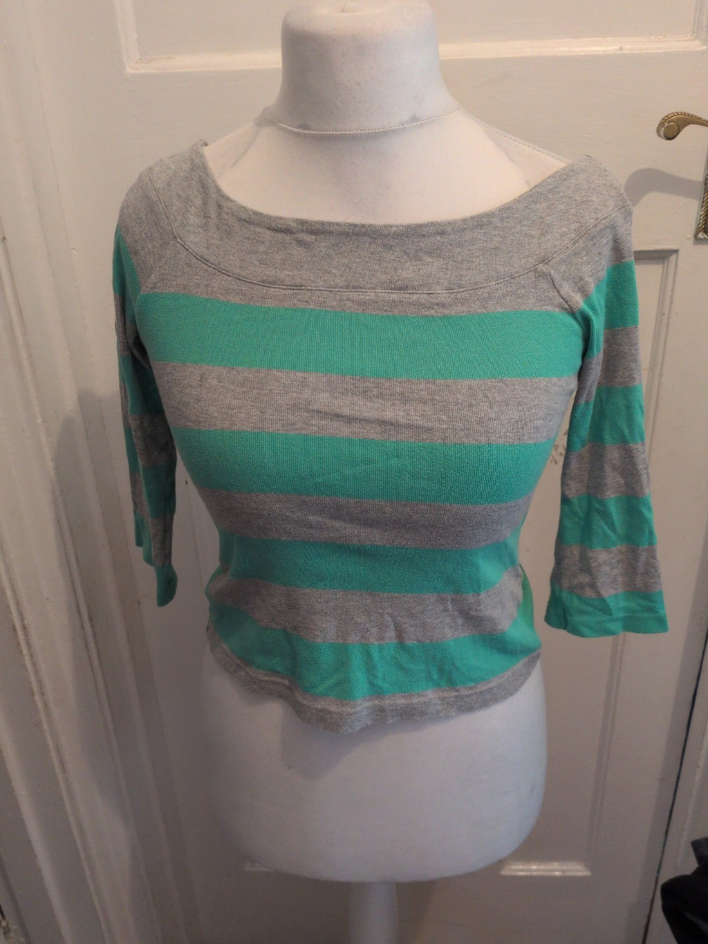 Ladies Next 8 Green And Grey Striped Top