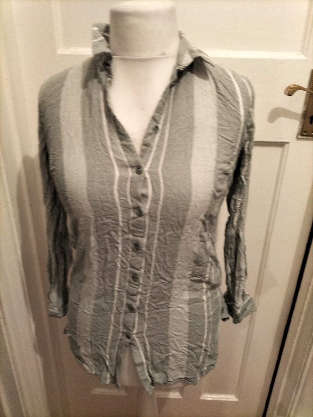 Ladies Primark Size 10 Pale Green And White Striped Blouse