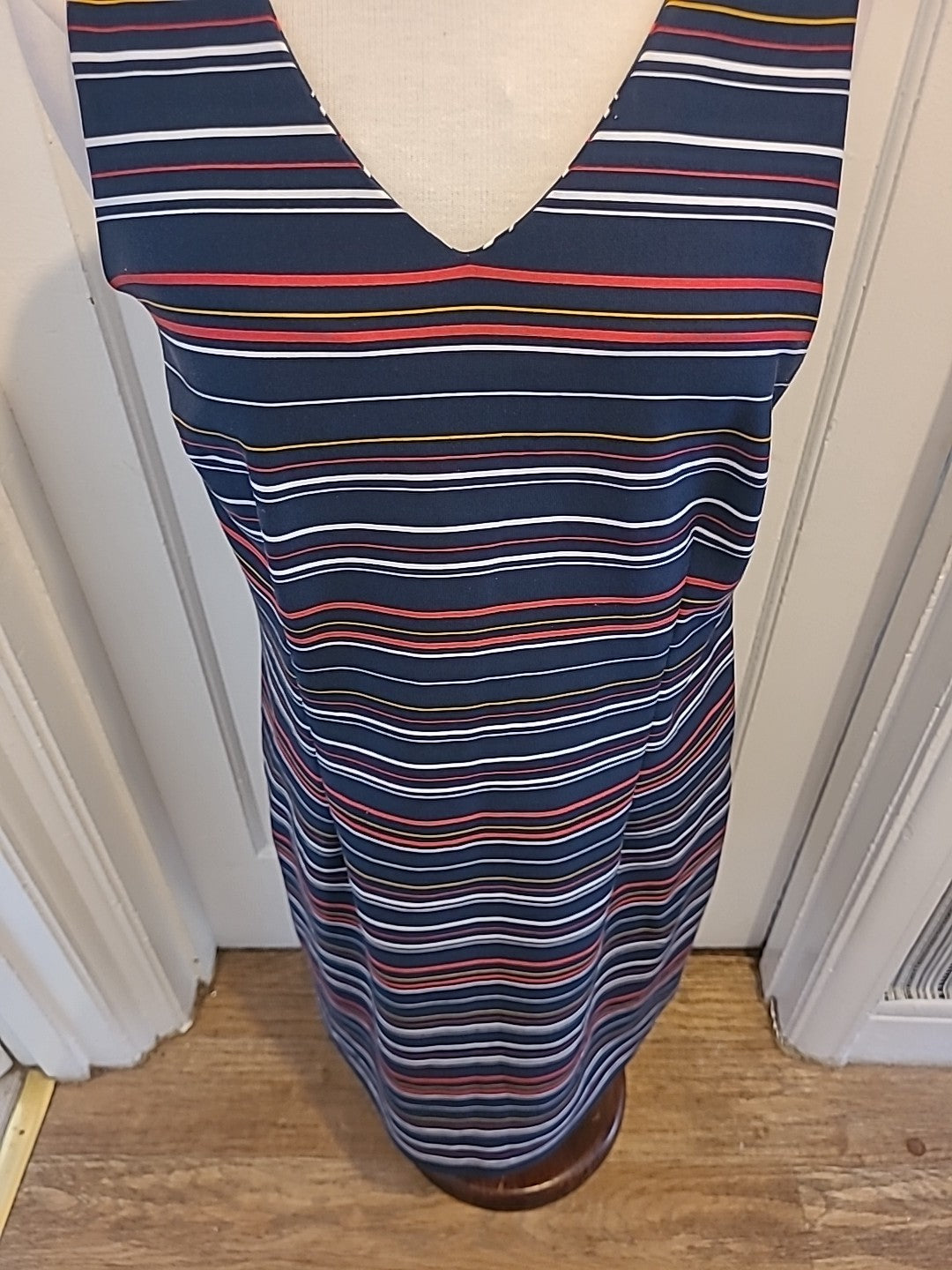 Ladies Tu Size 14 Navy With Multi Striped Sleeveless Dress