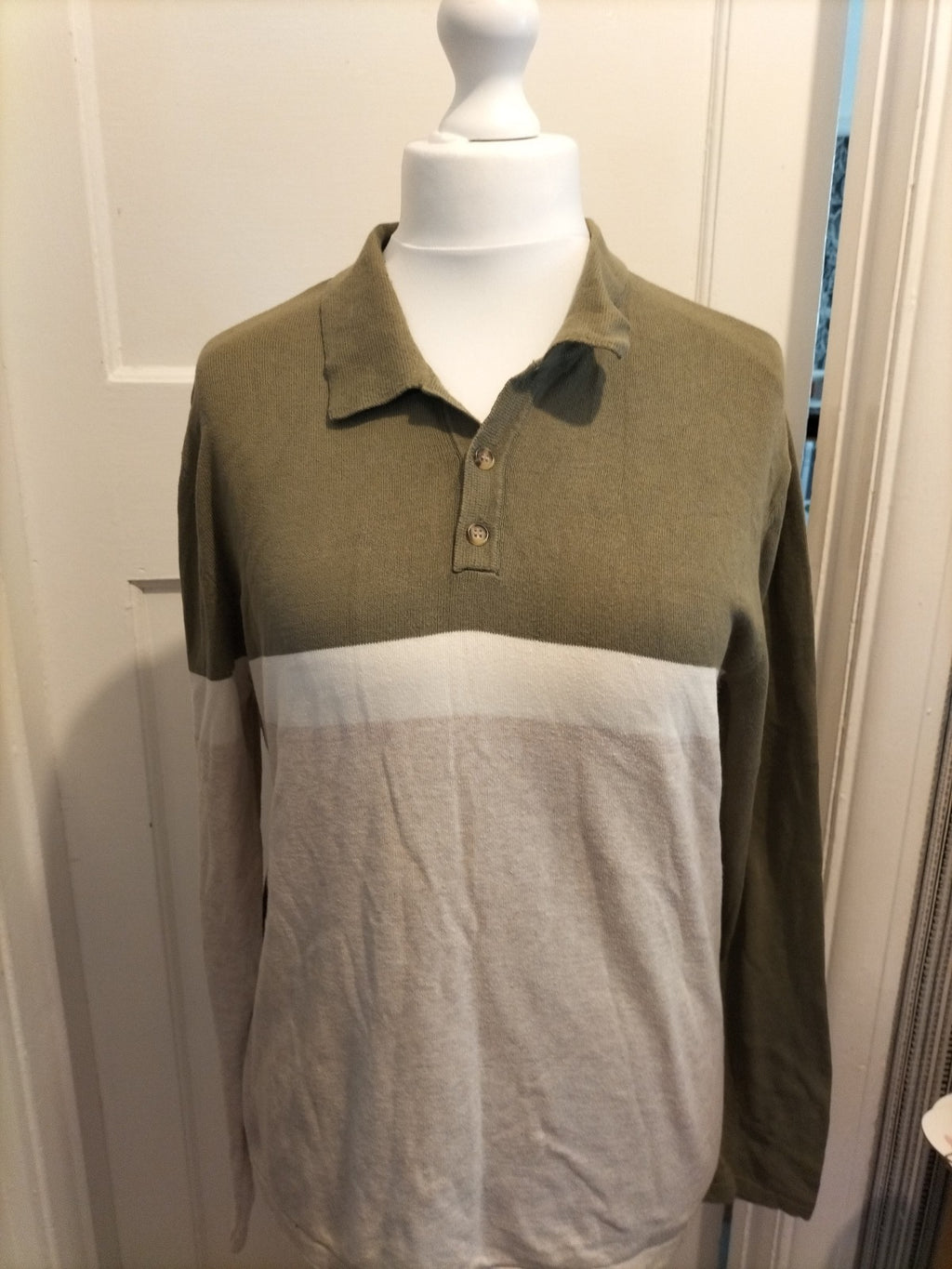 Mens River Island Size M Khaki White And Beige Long Sleeved Polo