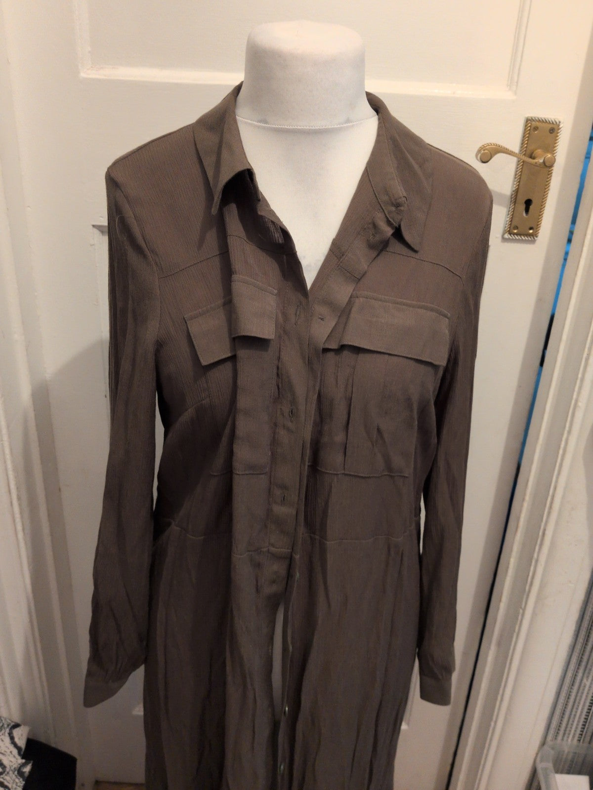 Primark 16 Khaki Long Sleeve Buttoned Long Dress