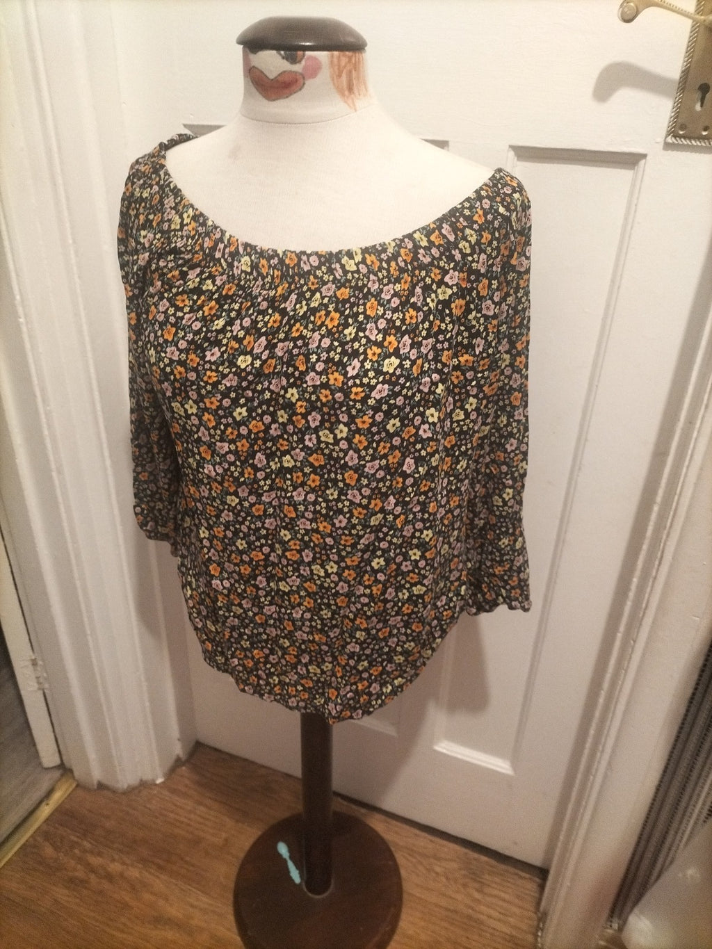 Ladies Select Size 12 Black With Multi Floral Elasticated Hem Blouse