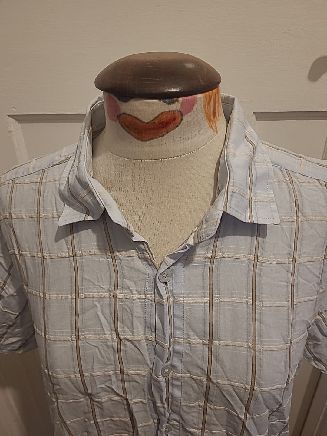 Mens Rocham.John Rocha Size Large Light blue white Gold Checked Short Sleeve...