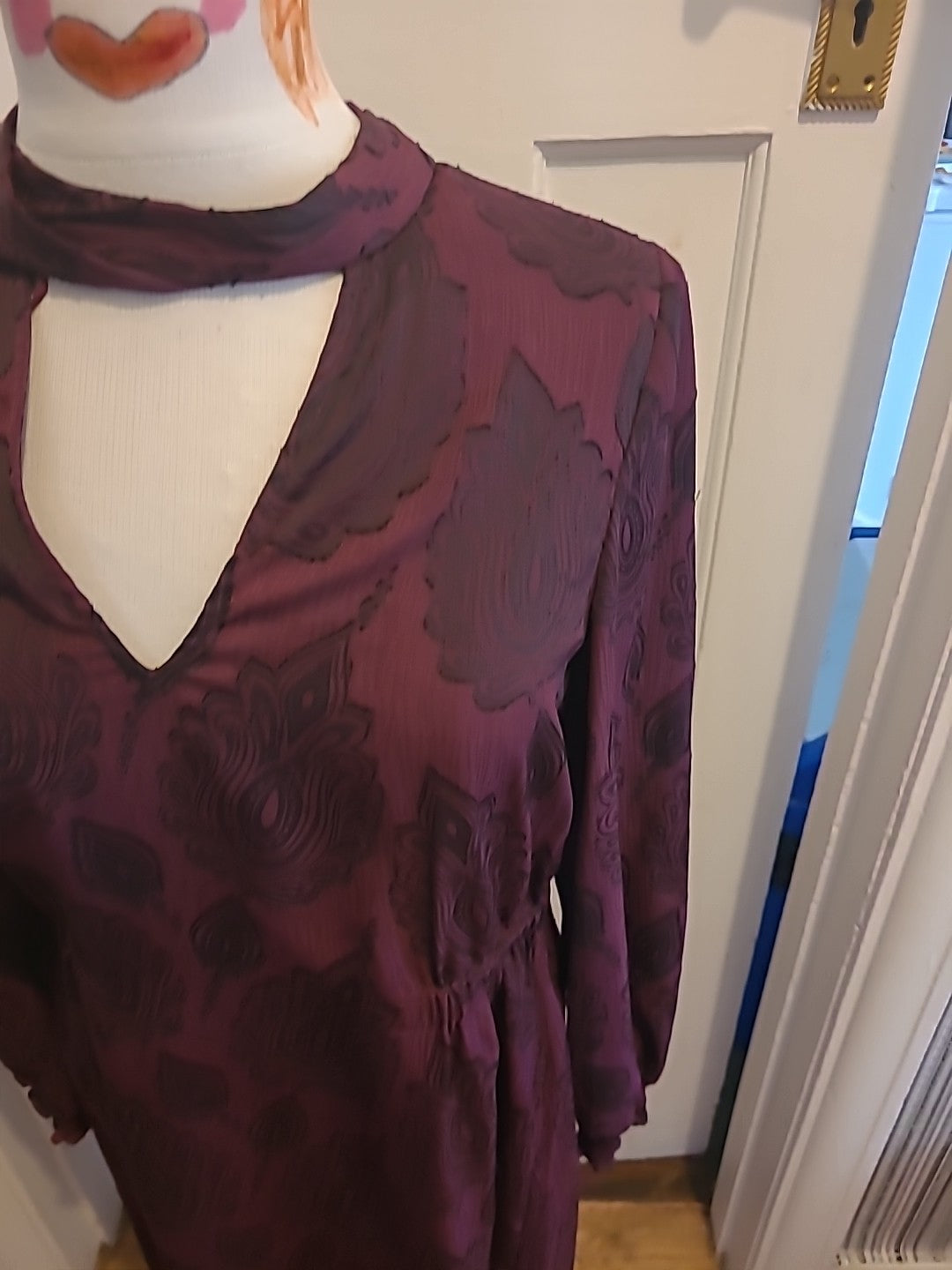 Ladies Marks And Spencer Size 8 Purple Black Floral Long Sleeved Dress