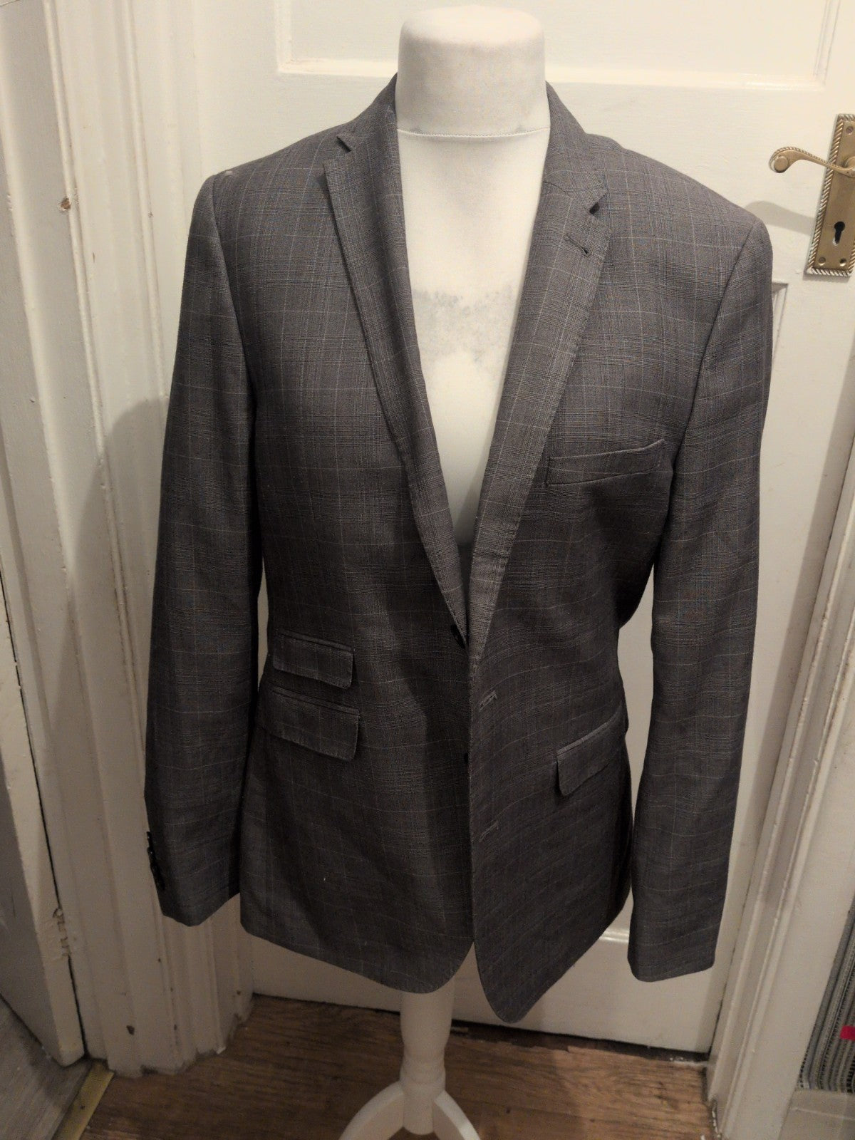 Mens Burton Size 42L Grey Pinstripe Check Suit Jacket Slim Fit