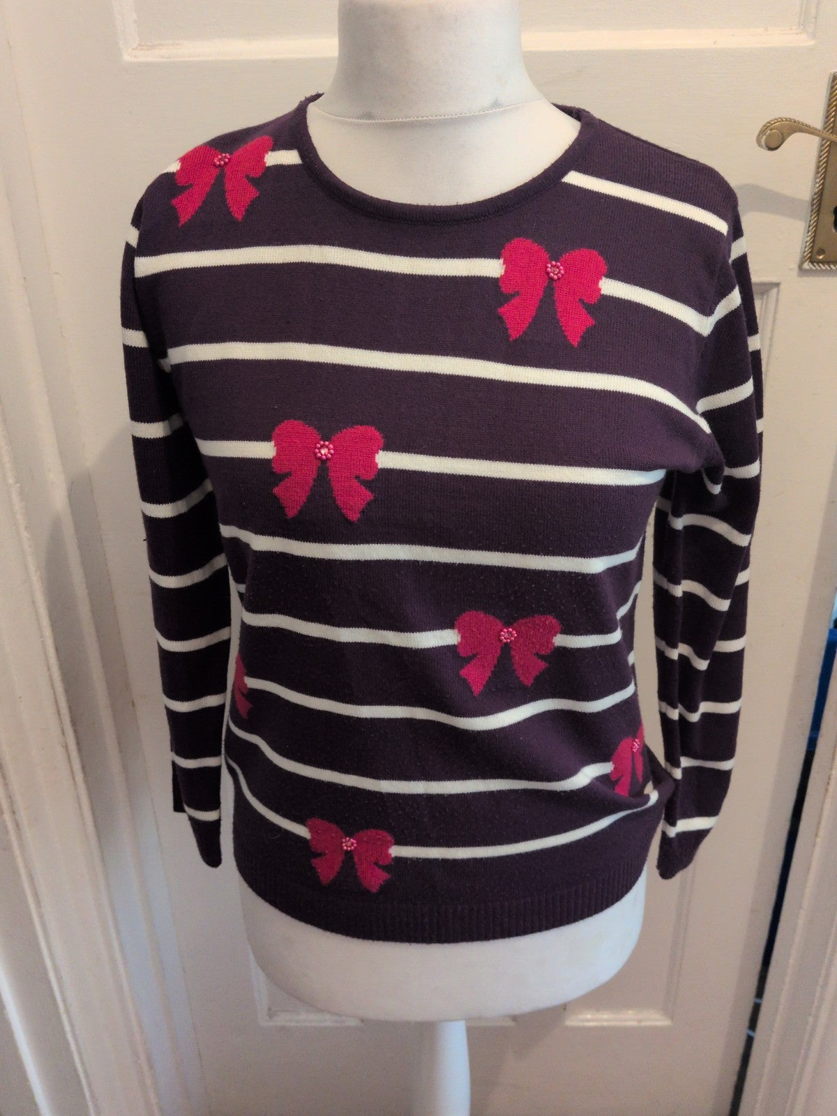 Ladies Mud Flower Size S/M Purple Stripe Bow Pullover Jumper