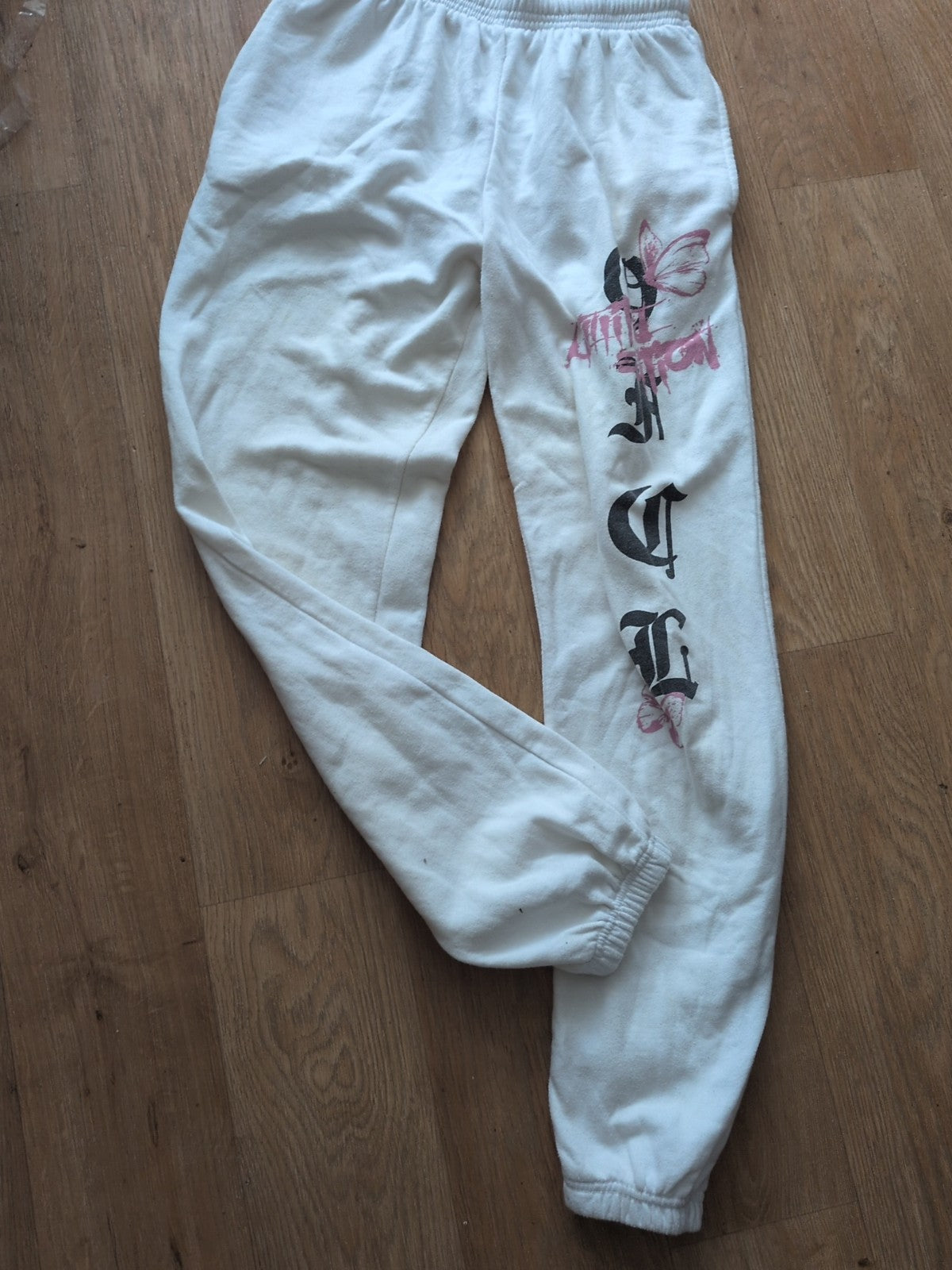 Ladies Boohoo Size XS White Printed Elasticated Long Leg Joggers