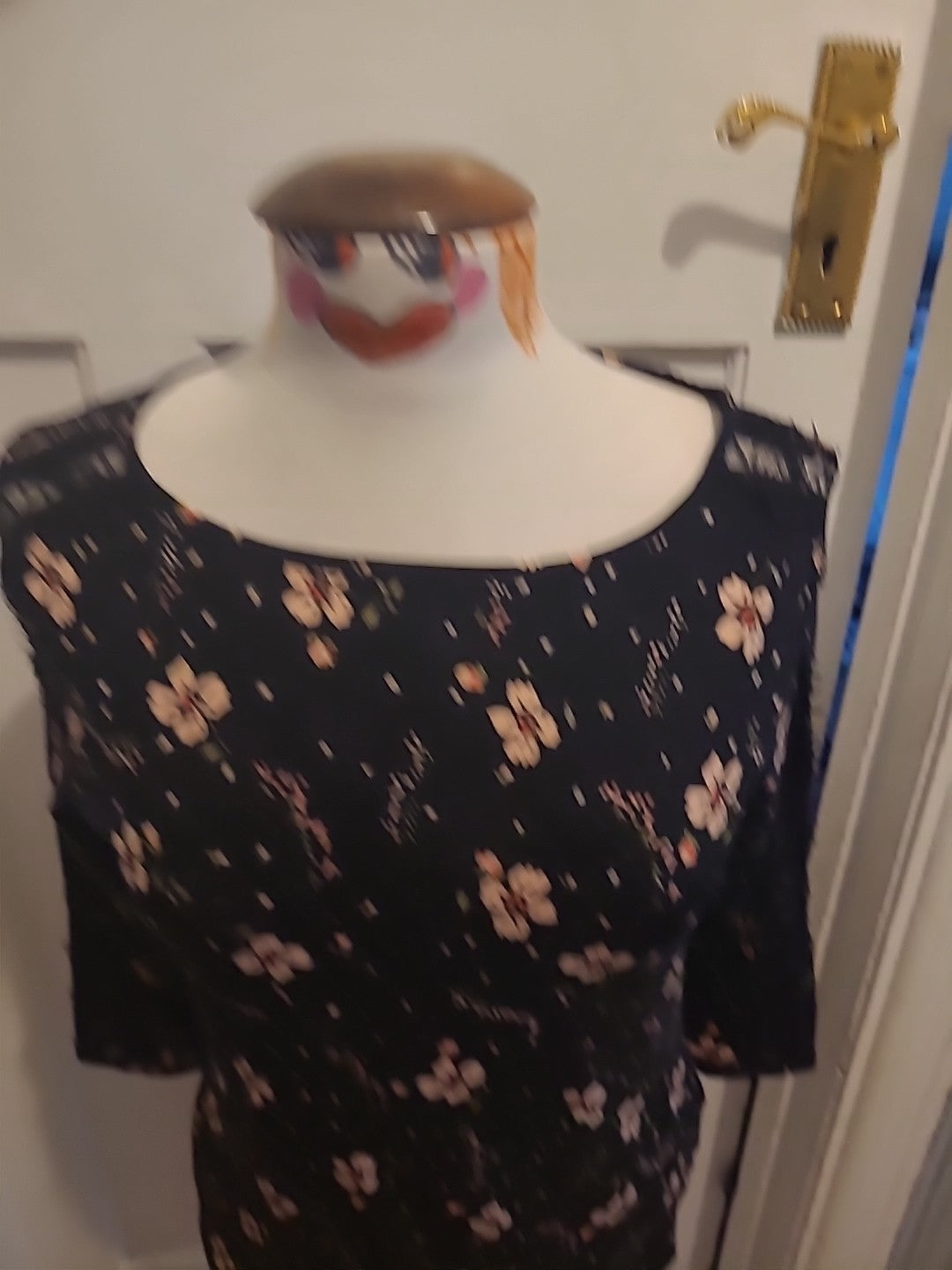 Ladies Marks And Spencer Size 10 Black With Pink Floral Long Sleeved Blouse