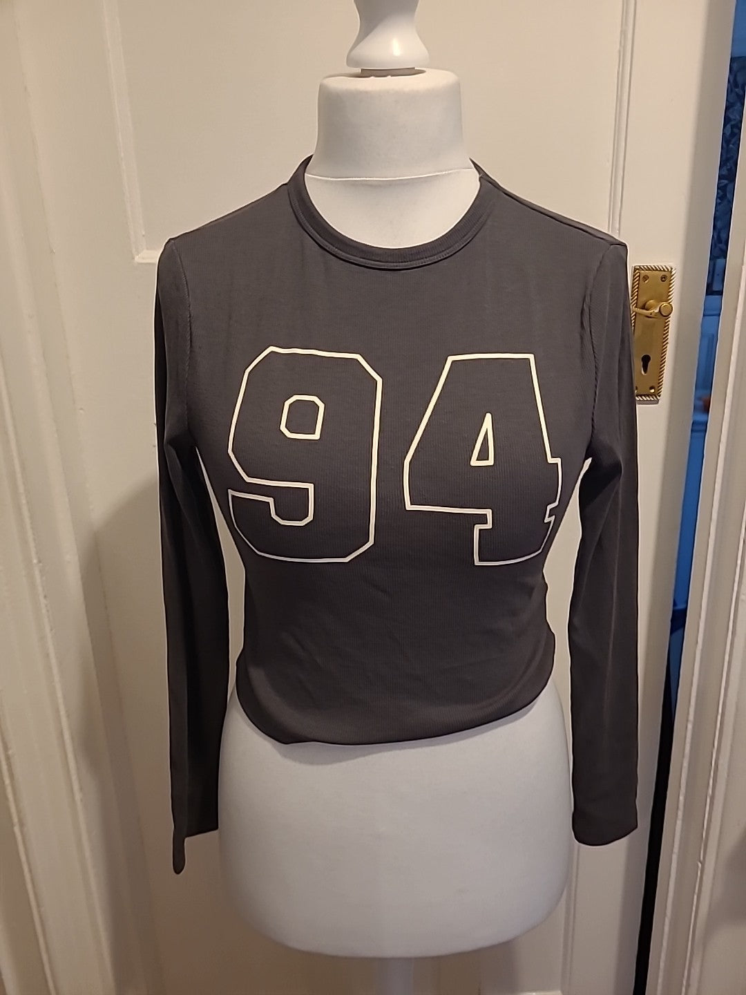 Ladies Primark Size Medium Grey Print Long Sleeved Top