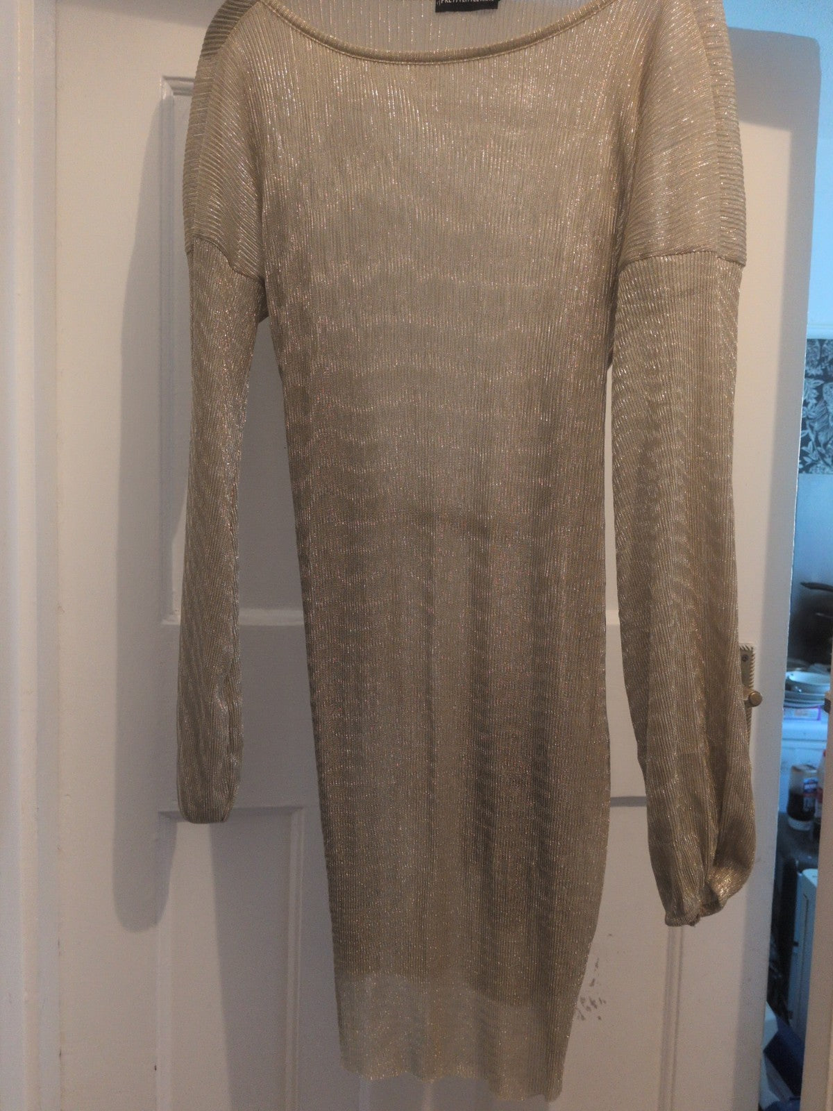 Prettylittlething 10 Gold Shimmer Long Sleeved Belted Dress