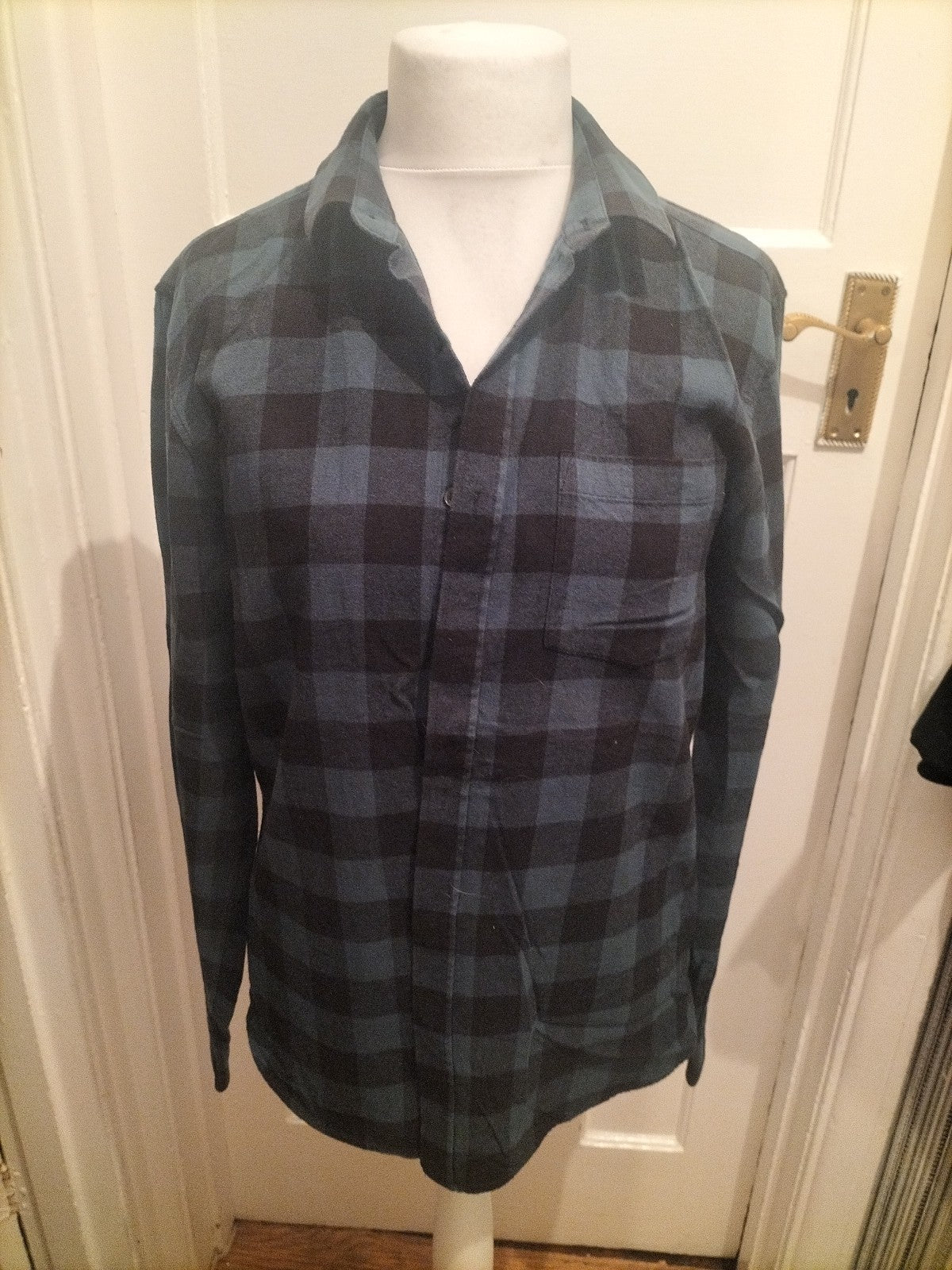 Mens Peacocks Size L Dark Teal Check Long Sleeved Shirt