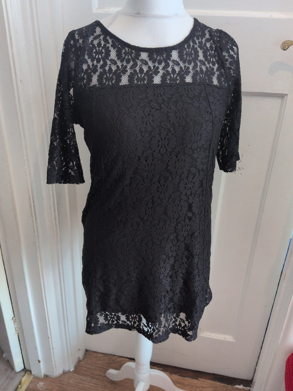 Dorothy Perkins 12 Black Lace Short Sleeve Lined Dress Knee Length