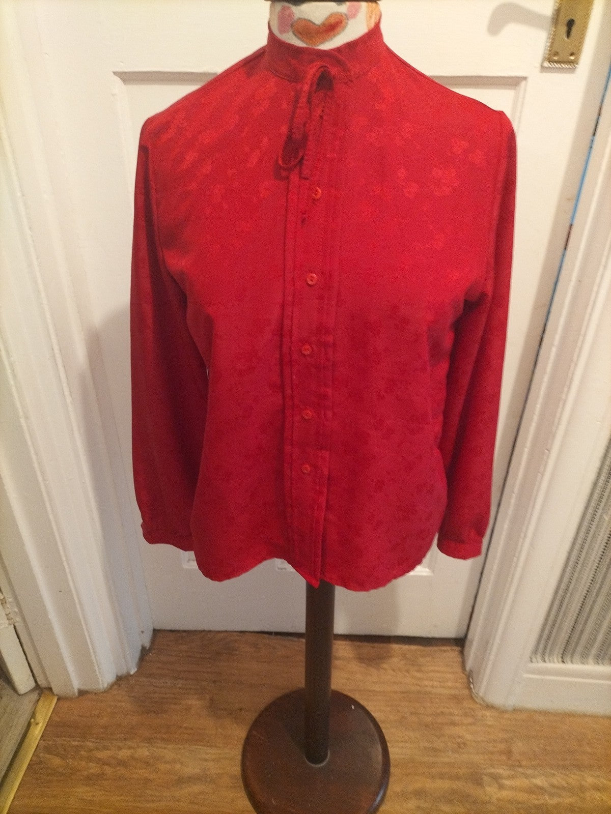 Ladies St Michael Size 12 Red Long Sleeved Floral Material Blouse