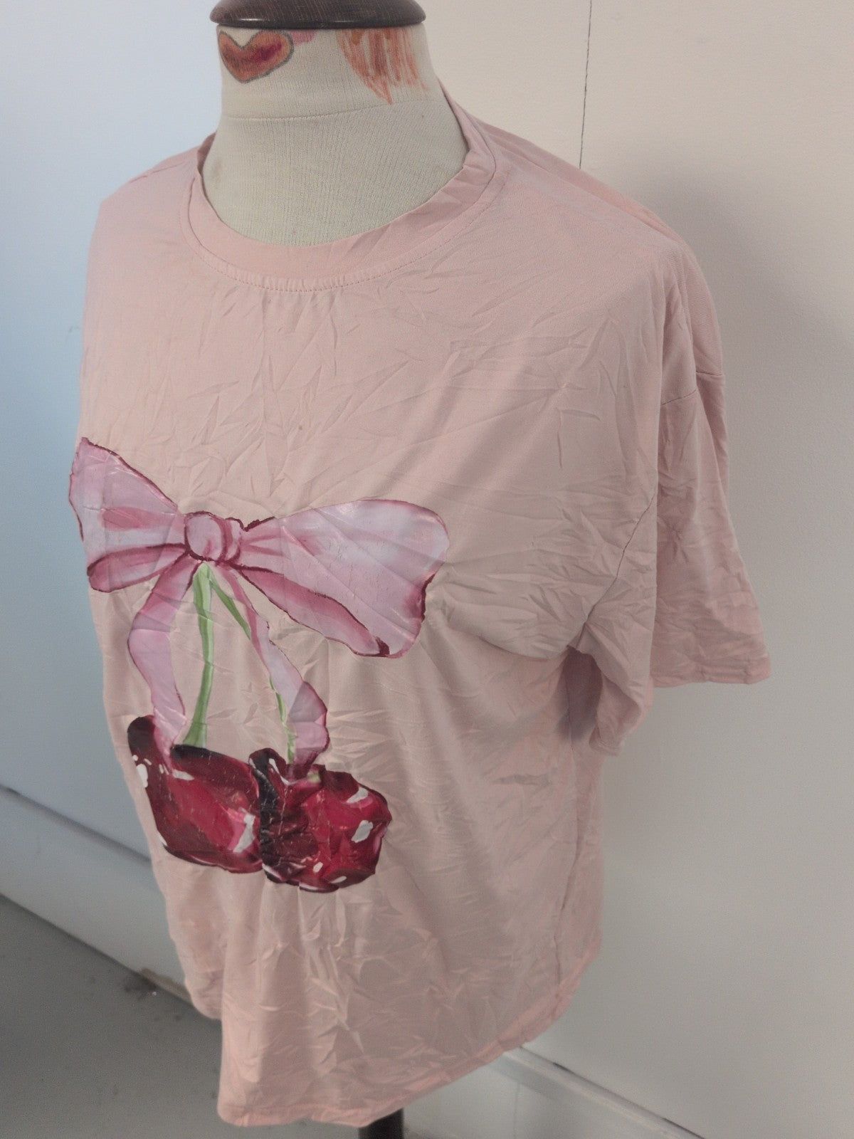 Girls Shein Age 14 Years Pink Cherry Bow Short Sleeve T-shirt Cracking