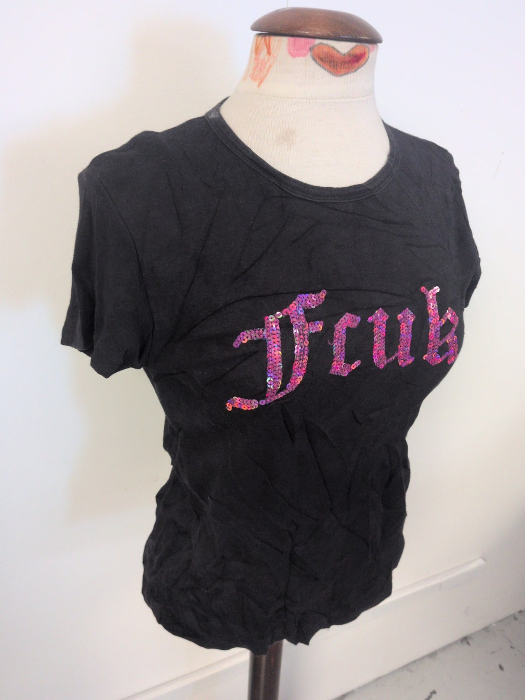 Ladies Fcuk Jeans Size Large Black With Pink Sequin Short Sleeve T-shirt